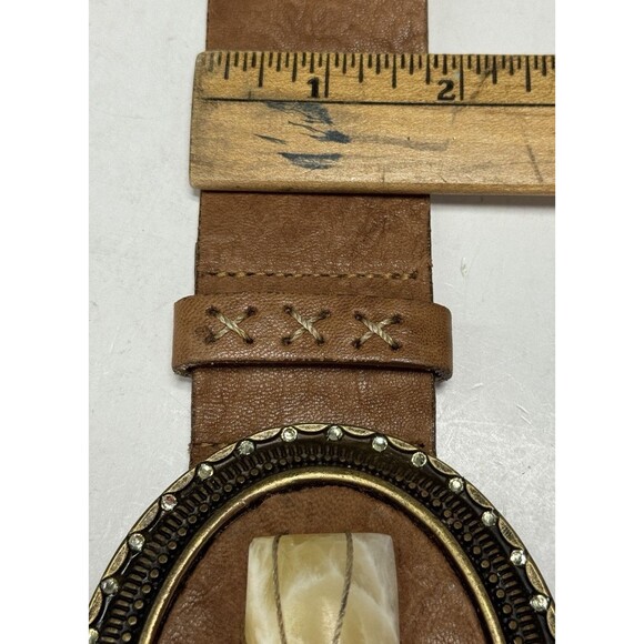 VTG Saks Fifth Avenue Brown Leather Belt Size L Chunky Boho Stone Brass Buckle main image 13